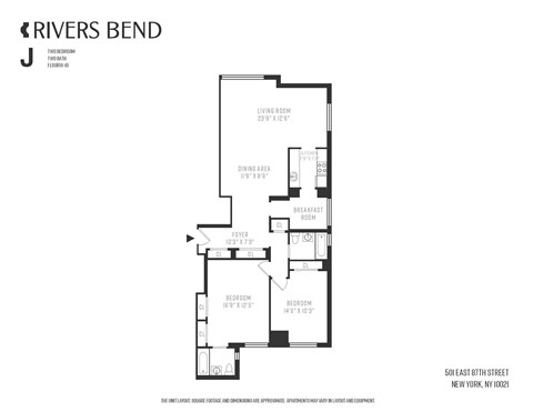 A black and white image of a floor plan for a riverside apartment.